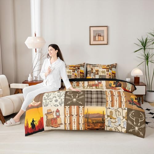 Image of Horse Decor Western Twin Comforter Set with Sheets Bull Longhorn Skull 7 Piece Bedding Set Cowboys Gifts,Geometric Aztec Bed in a Bag, Cow Skull Bed Sets,Rustic Patchwork Buffalo Plaid Farmhouse Decor