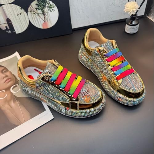 Y2K Sneakers for Women Dazzling Opulent Bling Sparkle Rhinestone Gold Metallic Platform Fashion Statement Party Festival Club Event Rainbow Laces Multi Color Embellished Comfortable Sneakers Women3