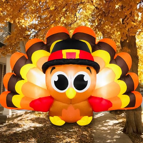 TwoBees 8 FT Thanksgiving Inflatables Turkey Outdoor Decorations Blow Ups Outside, Turkey Baby with Big Tail Pilgrim Hat Built-in LED Lights Yard Decor for Indoor Party Garden Lawn Fall Holiday