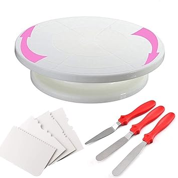 Plastic Cake Tools Decorating 360 Round Easy Rotate Turntable Revolving Cake Decorating Turntable Stand, 28cm and Cake Icing Spatula Knife Set, 3-Pieces, Multicolor