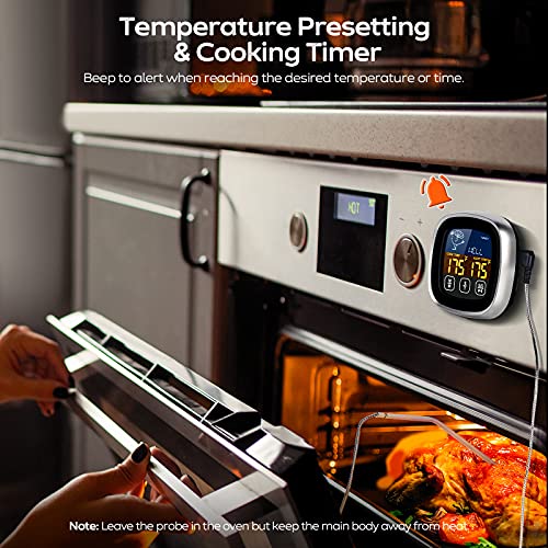 Meat Thermometer, Digital Meat Thermometer with Large Touchscreen LCD, with Long Probe, Kitchen Timer, Grill Thermometer, Cooking Food Meat Thermometer Instant Read for Smoker Kitchen BBQ Oven