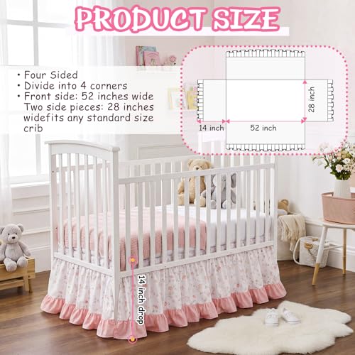 Image of Hahafelt Pink Crib Skirt for Baby Girls Boys, 100% Washed Cotton Bed Skirt