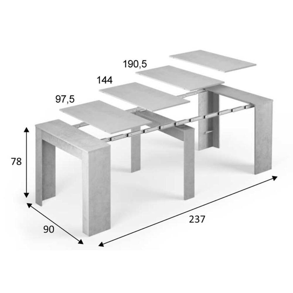 Habitdesign – Mesa Extensible para Comedor, Mesa Ampliable para Salón o Cocina - 5 Posiciones y hasta 10 Comensales - Gris Cemento - 50-235x90x78 cm - Modelo Consola