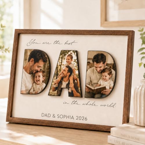 LullabyMall Luxury Personalized Dad Picture Frame 3D Wooden 2 Layers Sign with Kids Name Fathers Day Dad Gifts from Daughter Son Wife 6