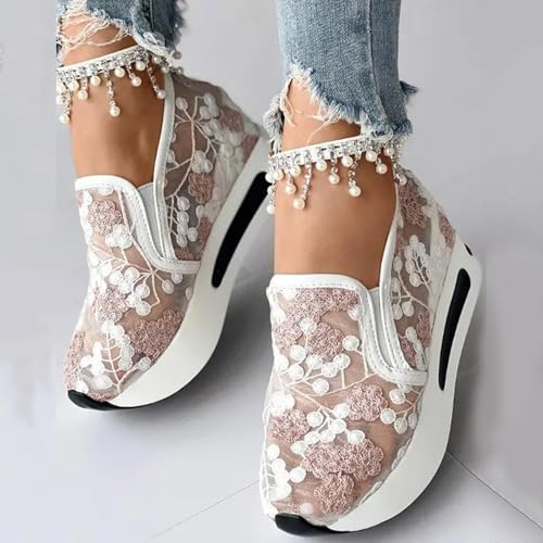 Womens Platform Wedge Sneakers Fashion Mesh Floral Embroidery Breathable Slip on Air Comfort Chunky Arch Support Walking Shoes2