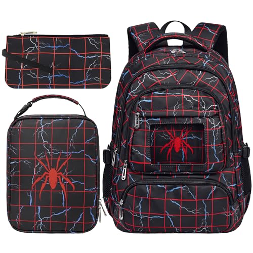 Image of Kids Backpack Boys Lunch Box for Age 6-8 8-10 10-12School Bag for Middle High School Primary Preppy Bookbag Red Lightning