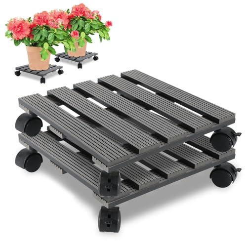 Peviasot Pflanzenroller, 2X WPC Gefäßroller, Pflanzen Rollbrett Tragkraft 80 kg, Blumenroller Eckig 30 x 30 cm, 360 ° Drehbare Rädern, Blumenroller mit Rollen für den Innen- und Außenbereich, Grau