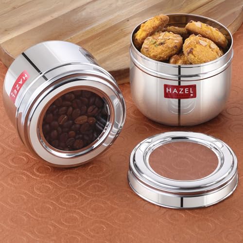 Image of HAZEL Stainless Steel Transparent Lid Containers | Versatile Storage Jars with See-Through Top | Nesting Kitchen Canisters for Spices, Snacks & Grains | 500ml (Set of 2)