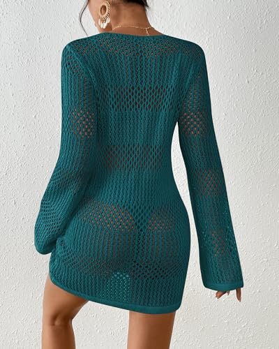 Image of Bsubseach Women Swimsuit Crochet Coverup Long Sleeve V Neck Beach Dress