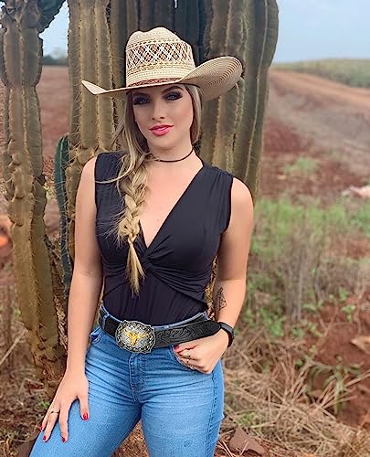 Image of UTOWO Western PU-Leather Cowboy Buckle Belt for Men and Women Jeans Engraved Floral Longhorn Bull Buckle Belt (25-38 inch waist)