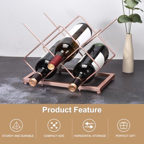 Image of uxcell Countertop Wine Rack, Tabletop Wine Bottle Holder for Up to 5 Standard Bottles, Freestanding Wine Rack for Wine Cellar Bar Cabinet, Rose Gold