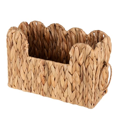 Scalloped Hand Woven Magazine Holder Natural Water Hyacinth Magazine Basket for Newspapers Books Files Decorative Boho Farmhouse Book Basket for Bathroom Living Room Home Office