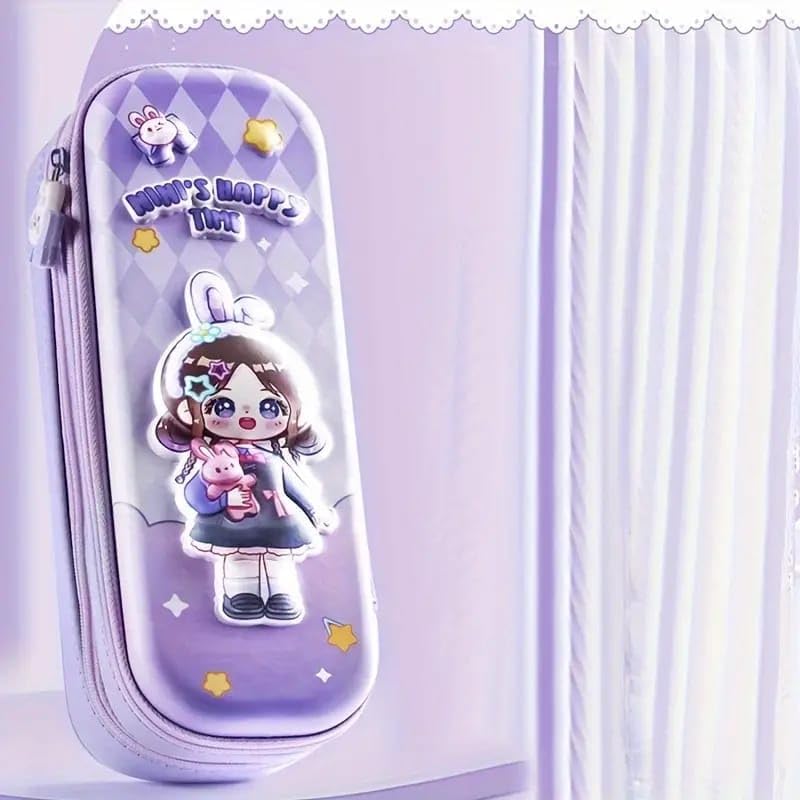 Image of Pencil Case Double Layer 3D (EVA) Cute Pencil Aesthetic Pencil Case for Girls Large Capacity Pen Pencil Pouch Multifunctional Stationery Organizer (Happy Time Mini Purple)