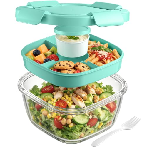 Image of Canfanni Glass Salad Container, 56oz Bowl with Airtight Lids, Tray, Fork