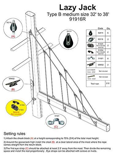 Nautos 002R- Lazy Jack System B - Medium Size with Rope Included - 32 to 38 FEET