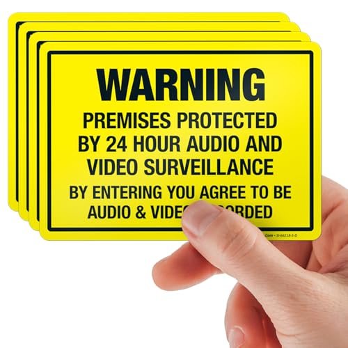 Premises Protected by 24 Hour Audio and Video Surveillance by Entering You Agree Sign, (4 Pack) 5x7 Inches, 4 Mil Vinyl Decal Stickers Weather Resistant UV Protected, Made in USA by Sigo Signs
