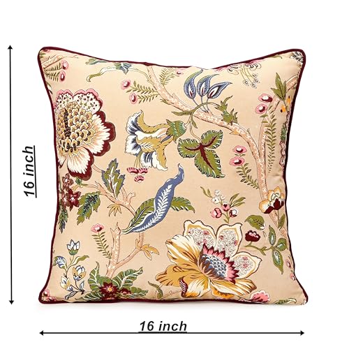 Image of Cotton Cushion Covers 16x16 Inch - Hand Block Floral Print Pillow Covers for Sofa, Couch & Bedroom (Pack of 5) (Biege)