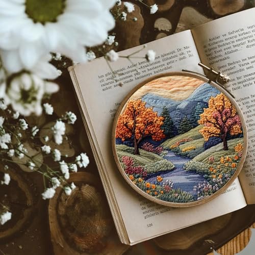 Image of FONNUY Embroidery Kit for Beginners, Boho Nature Landscape Pre-Stamped Pattern Kits for Adults with Hoop, Easy to Follow Color Thread Needlework, 8'' Hoop (Mountain Trail)