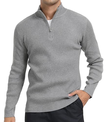 DAFENP Jersey Hombre Invierno Cuello Alto con Cremallera Suéter Punto Manga Larga Cálido Trabajo Pullover FS6783M-LightGrey-XL