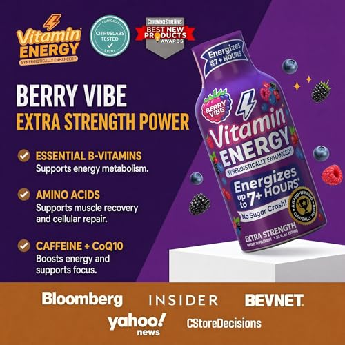 Image of Vitamin Energy Berry Vibe Extra Strength Energy Shot, 8 Pack - Up to 7 Hrs, 260mg Natural Caffeine, Zero Sugar - BCAAs + CoQ10, Focus Support, B12 B6 Niacin, 1.93 fl oz, Keto Vegan