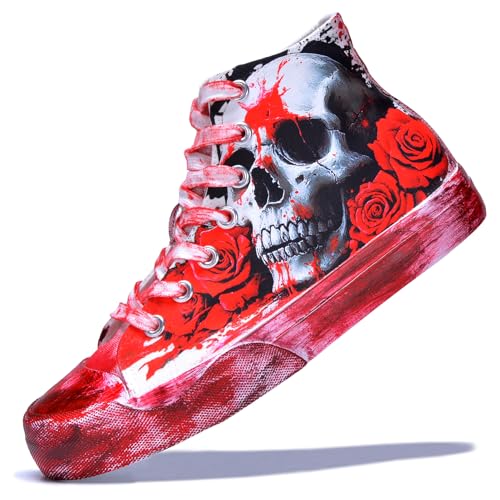 GXZUORUI Gothic Skull Shoes for Women Fashion Sneakers Men's Hand-Painted Graffiti Shoes Punk Cosplay Hip Hop Teen Boys Girls Student Casual Walking Streetwear (White, Adult, Women, 8.5, Numeric, US Footwear Size System, Wide)