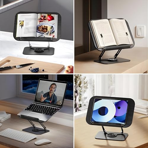 Image of Sunchhaya Book Stand for Reading - Adjustable Wooden Book Holder with 360 Rotating Base, Foldable Reading Rest for Desk, Cookbook Stand, Tablet & Laptop Holder, Height & Angle Adjustable (R51 Black)