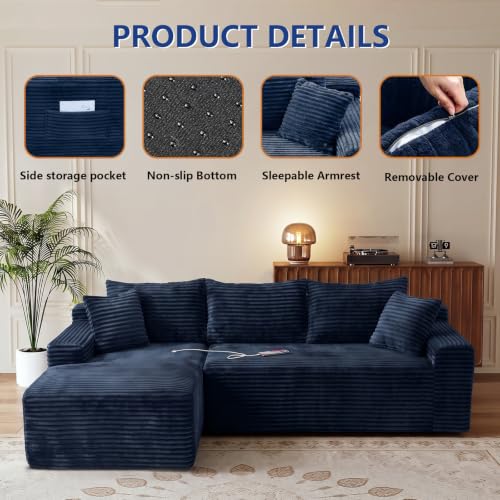 Image of 106.3 inch L Shaped Boneless Sectional Corduroy Couches for Living Room (Blue)