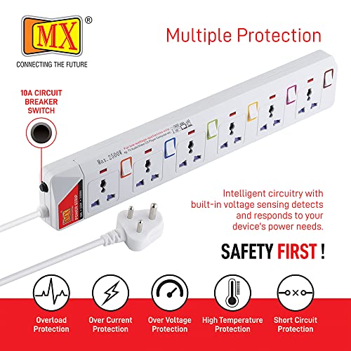 Image of MX 6 Socket Power Strip with Individual Switches, LED Indicator & Child Safety Shutters | Universal Sockets with 1.5 Meter Heavy Duty Cord | Surge Protector Power Extension Board