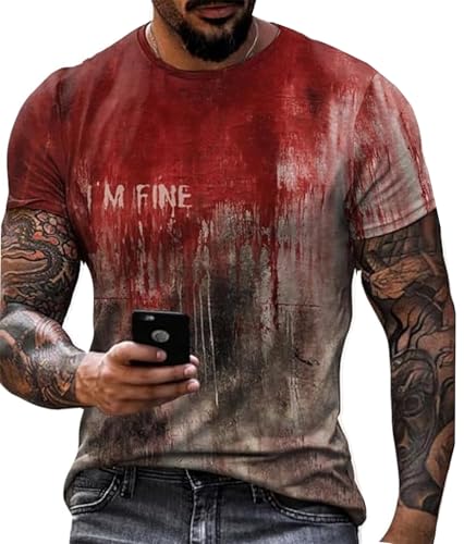 I'm Fine Blood Shirt Men Funny Halloween Bloody Horror Tshirts Blood Splatter Stain Casual Tee Scary Movie Tops