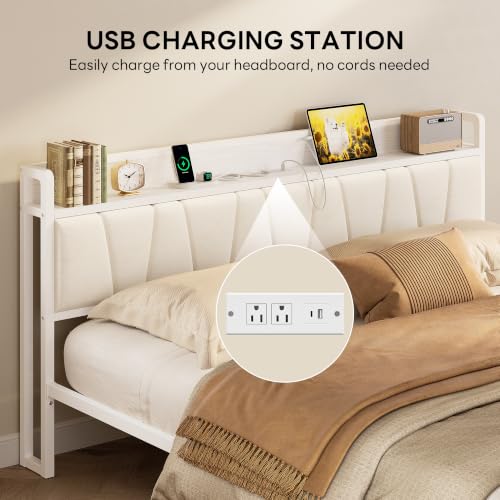 Image of LIKIMIO King Bed Frames, PU Leather Storage Headboard with Charging Station, Solid and Stable, Noise Free, No Box Spring Needed, Easy Assembly, White