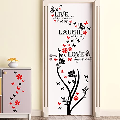 Buiory Removable 3D Black Flower Vine And Butterfly Wall Decal Diy Lettering Live Love Laugh Wall Sticker Red Butterflies Peel And Stick Wall Decor For Kids Bedroom Living Room Baby Nursery Classroom Playroom Decoration #TOP6