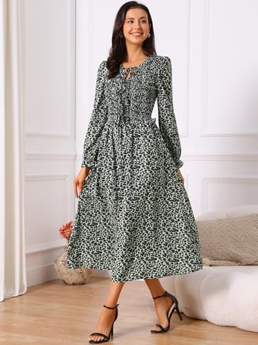 Seta T Women's Leopard Print Dress Long Sleeve Ruffle Tie V Neck Smoked Flowy Midi Cheetah Dresses with Pockets3