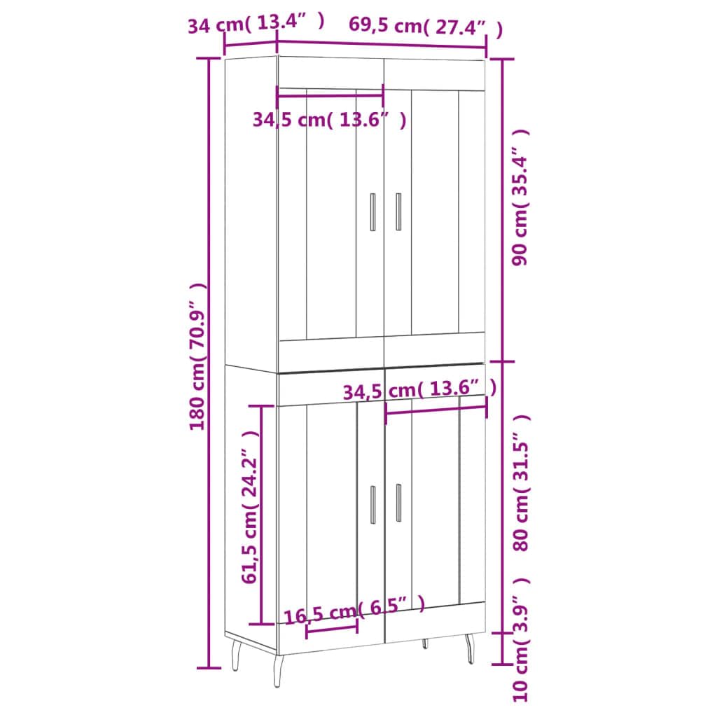 vidaXL Witrynka szary dąb sonoma 69,5x34x180cm materiał drewnopochodny