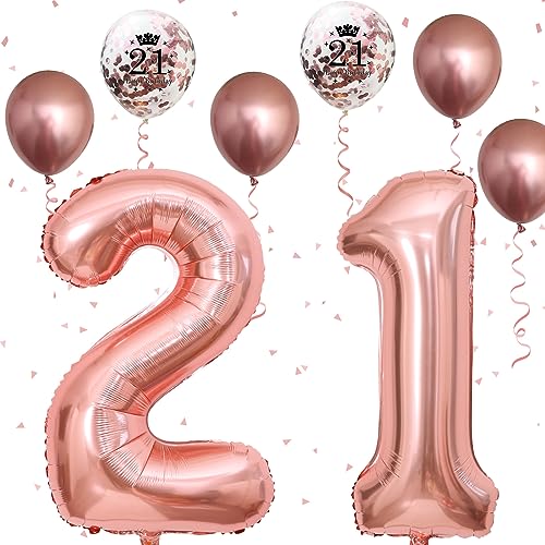 Image of 21st Birthday Balloons Rose Gold, Decorations for Him With Large Number 21 Foil Balloon, Confetti Metallic Latex Balloons for Her Girls 21 Years Old Bday Decor