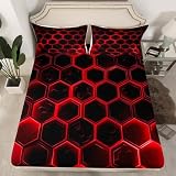 Sábana bajera ajustable 3D de panal de miel, tamaño L, rojo neón, hexágono, estampado abstracto, funda de colchón con 1 funda de almohada, simple y moderna, negra, profunda, sábana bajera para niños