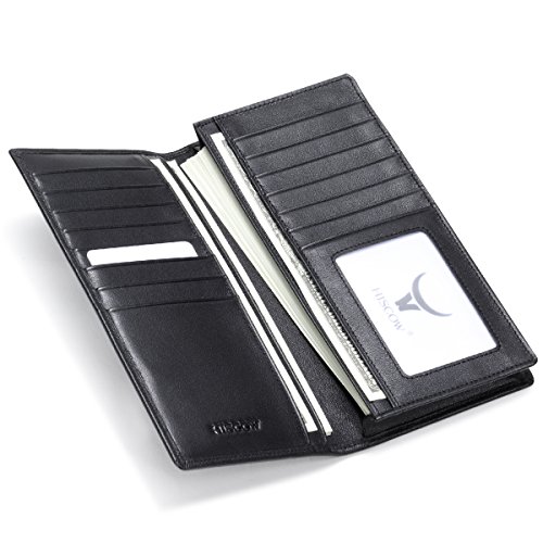 Hiscow Bifold Long Wallet With 15 Credit Card Slots - Italian Calfskin (Black) #TOP1