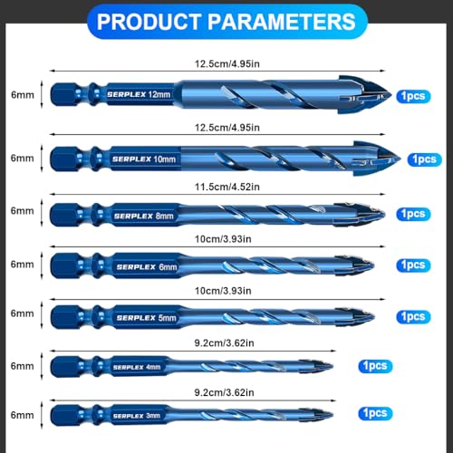 Image of Serplex 7Pcs Masonry Drill Bit Set with Industrial Strength Tungsten Steel Carbide Tips, 3 /4 /5 /6 /8 /10 /12mm Hexagonal Handle Drilling Bits for Wood, Glass, Tile, Metal (up to 3mm), and Plastic