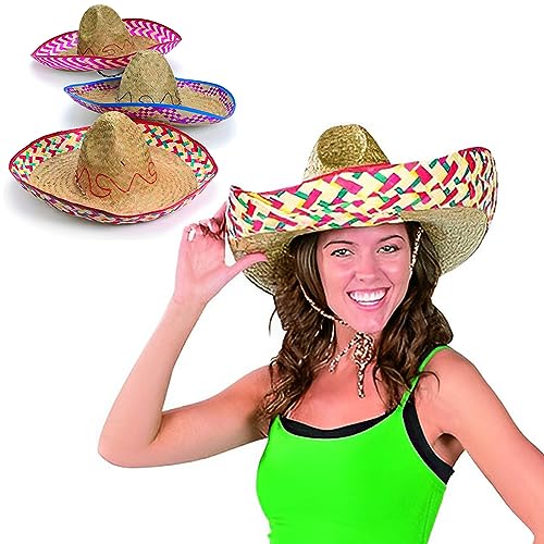 Fun Express 12 Straw Sombrero Hats with drawstring for Adults - Adjustable Sombrero Hats Brown