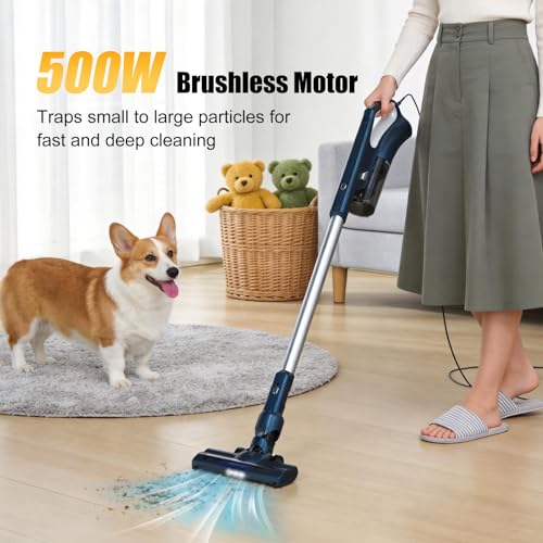 Image of Corded Stick Vacuum Cleaners For Home, 500W Powerful Suction With Washable Filter, LED Light & 16.7ft Power Cord, One-Touch Release Dust Cup, Converts To Handheld Vacuum For Pet Hair Hard Floor Carpet