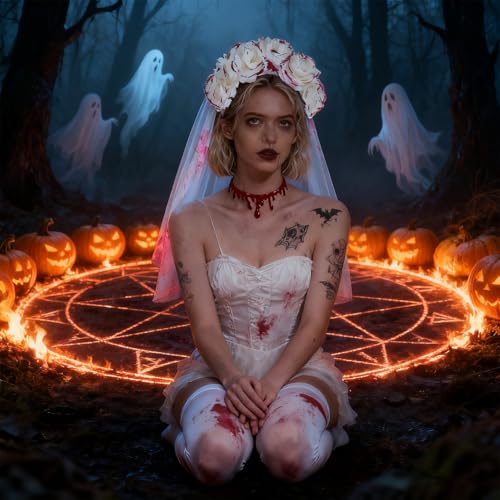 XINDY Dead Bride Costume Women, Zombie Bride Halloween Costume Accessories Set, Bloody Veil Headband, Thigh High Socks, Necklace, Scar Tattoos for Adult Women Scary Halloween Costumes Cosplay Party - Image 4