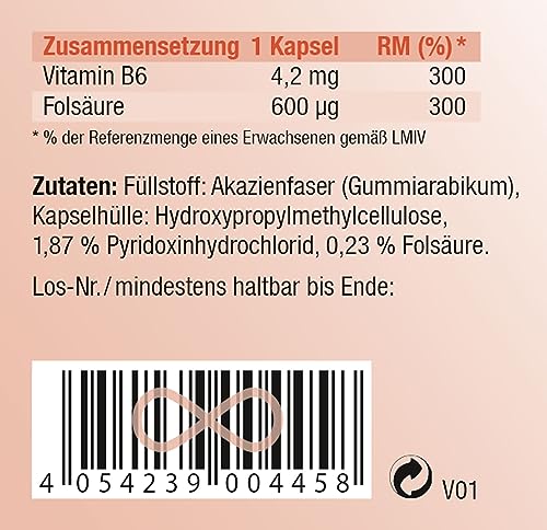 KOPP Vital® Folsäure Plus | 30 Kapseln | 9 g | Maximale Qualität | Nahrungsergänzungsmittel | Hochwertiges Akazienfaserpulver | Vitamin B6