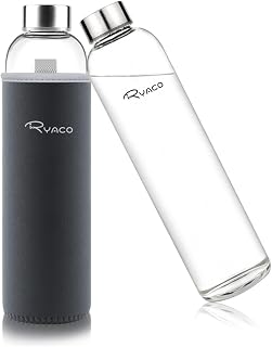 Ryaco Trinkflasche aus Glas 550ml/750ml/1000ml/1L,Glasflasche mit Neoprenhülle,Glastrinkflasche mit Schraubverschluss,Wasserflasche Glas für heiße kalte Getränke,spülmaschinenfest