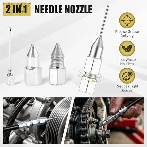 KOOPOOL Mini Grease Gun Kit, 4500 PSI Grease Gun with Upgraded Double-Handle 6-Jaw Lock and Seal Coupler, Includes 3oz Grease Cartridge, Precision Needle Nozzle & 12\" Flex Hose