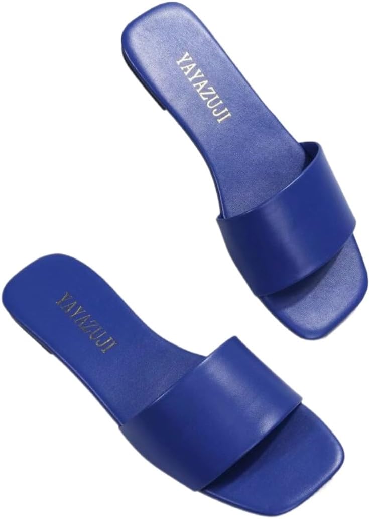 Women's Single Strap Non-Slip Flat Slides Lightweight Solid Color Square Toe Slip-On Sandals for Home Beach Pool Shower