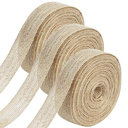 Livder 3 Rolls Natural Jute Burlap Fabric Ribbon for Wedding Events Party Wrapping and Home Decor, 11 Yards Each Roll, 1 Inch Wide