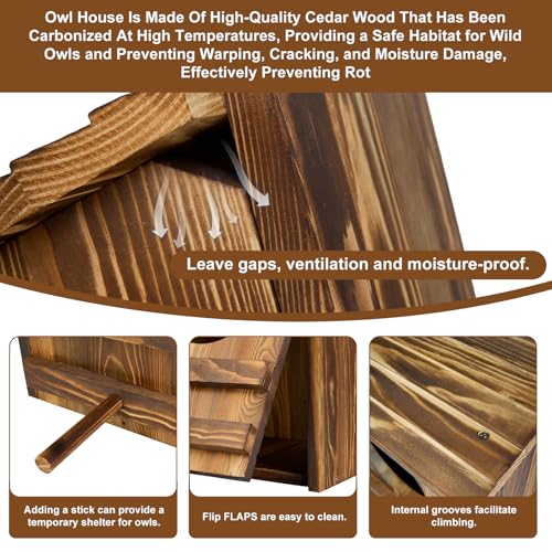 Owl Houses for Outdoors， 16.1x11.8x9.5 inch Large Carbonized Barred Owl Nesting Box, Waterproof & Ventilated Design, Ideal for Owls, Wildlife, Garden Decoration by AnNowshua Ling - Image 7