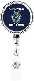 Fish are Friends Not Food Heavy Duty Metal Badge Holder Retractable Reel ID Badge with Belt Clip for Key Name Card Office
