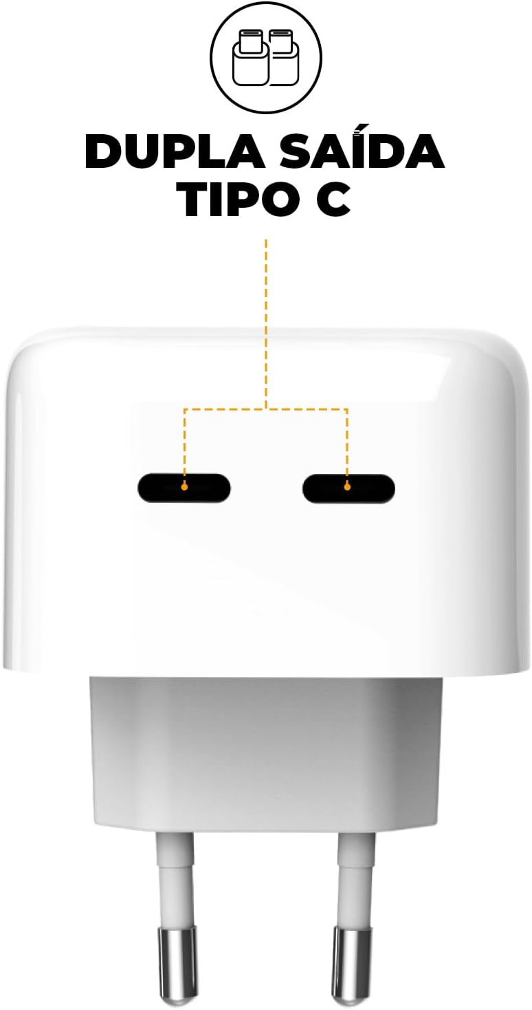 Gshield Carregador de Parede Universal Turbo Power Delivery 35W Duplo Tipo C, Compatível com iPhone e Certificado Anatel, Branco