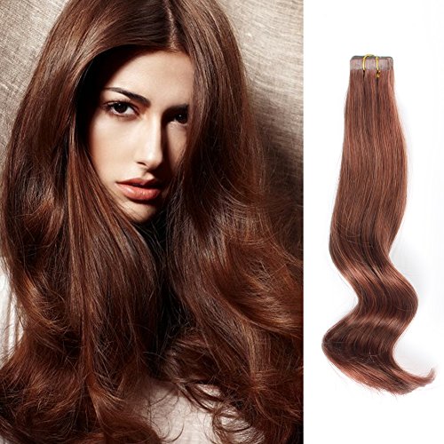 ABH AmazingBeauty Hair Semi-permanent Real Remi Remy Human Tape Hair Extensions 50g 20pcs Skin Weft Taped Invisible Seamless Reusable Auburn Color 33 20 Inch