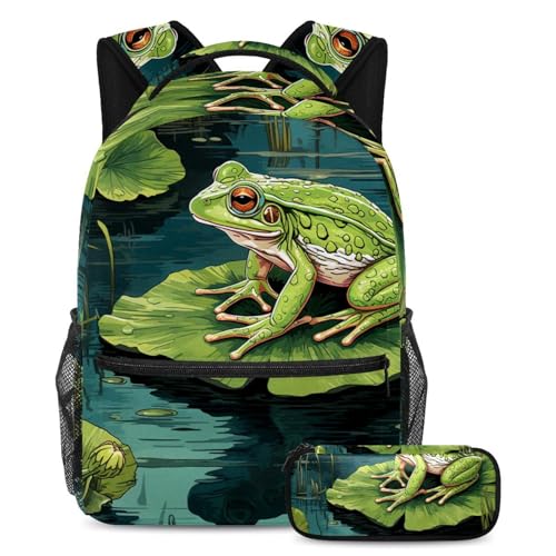 Cartable grenouille verte sur feuille de lotus sac à dos scolaire fille garçon avec trousse
